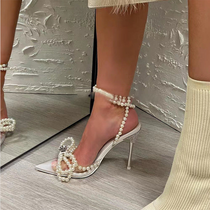 Women's Transparent Crystal Pearl Bow Sandals – Low Heel Pointed Toe Shoes