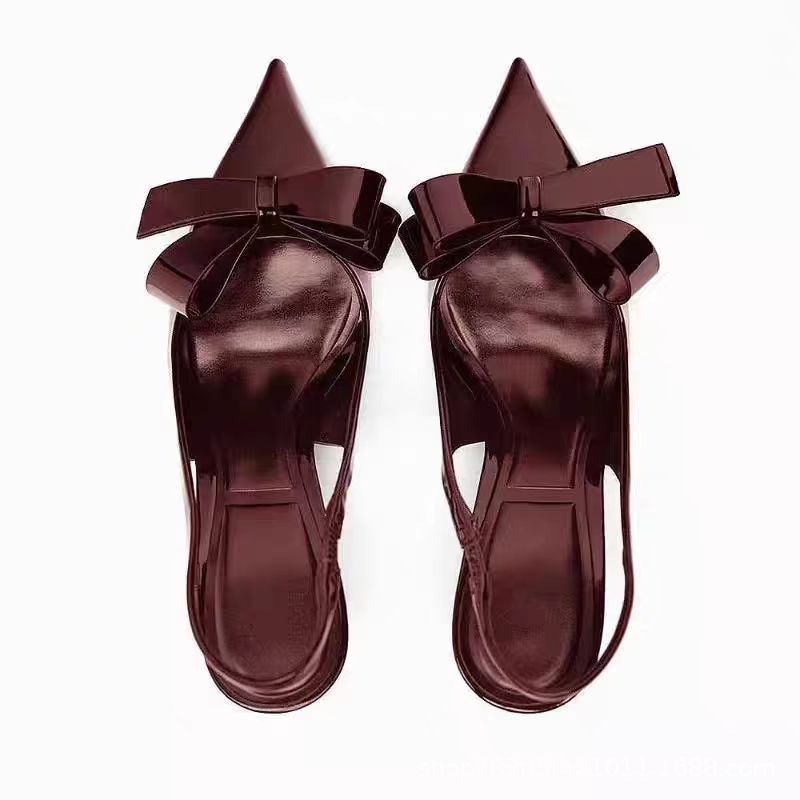 Wine Red Slingback Heels – Women's Patent Leather Bow Open Back Pointed Toe