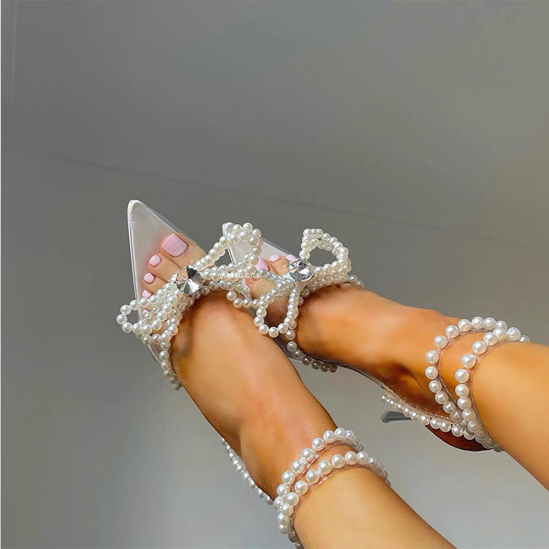 Women's Transparent Crystal Pearl Bow Sandals – Low Heel Pointed Toe Shoes