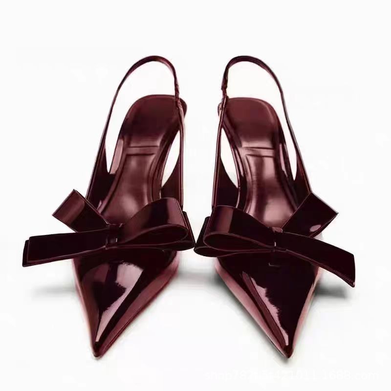 Wine Red Slingback Heels – Women's Patent Leather Bow Open Back Pointed Toe