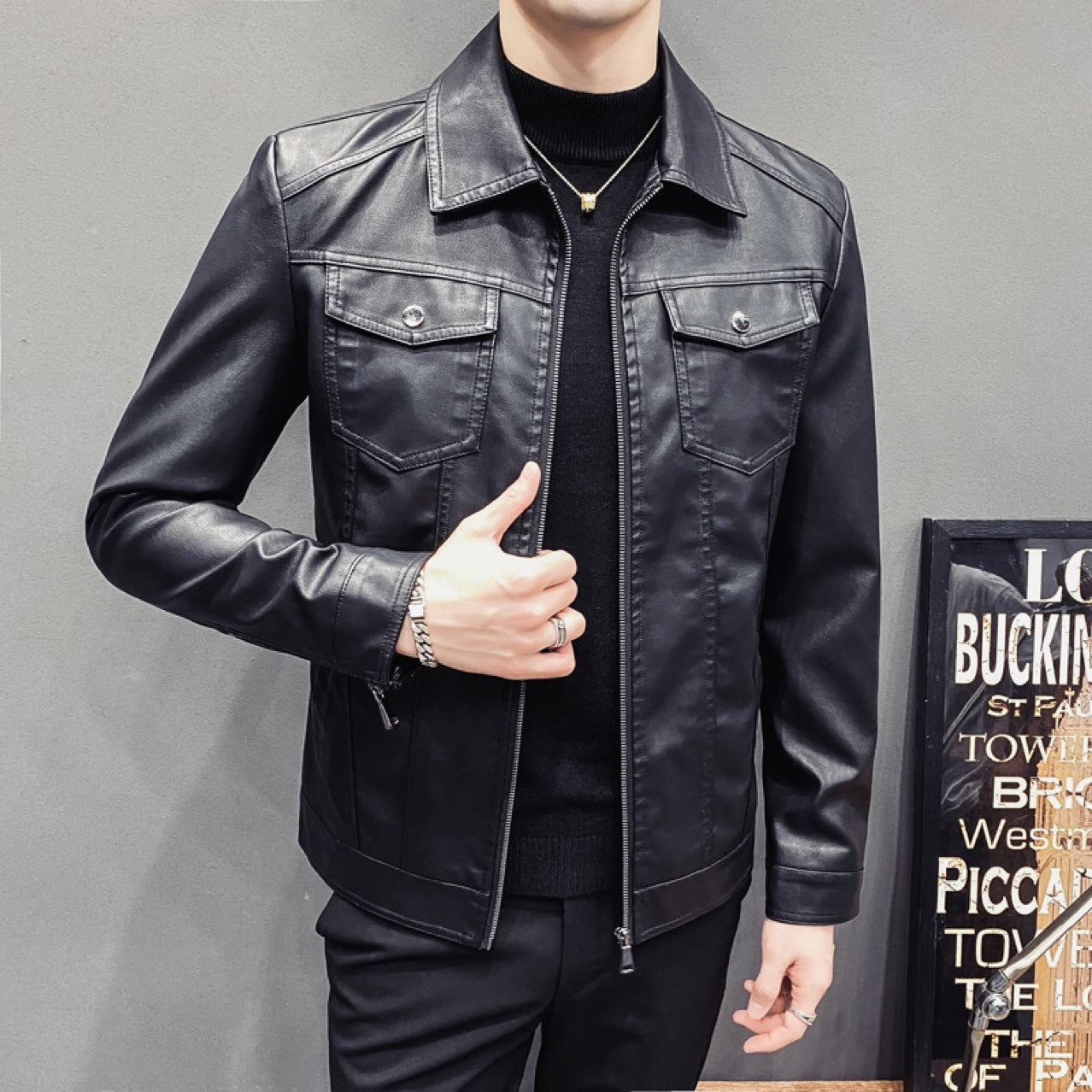 Men's Quilted Casual PU Leather Jacket – Fleece Lined Fall Winter Coat